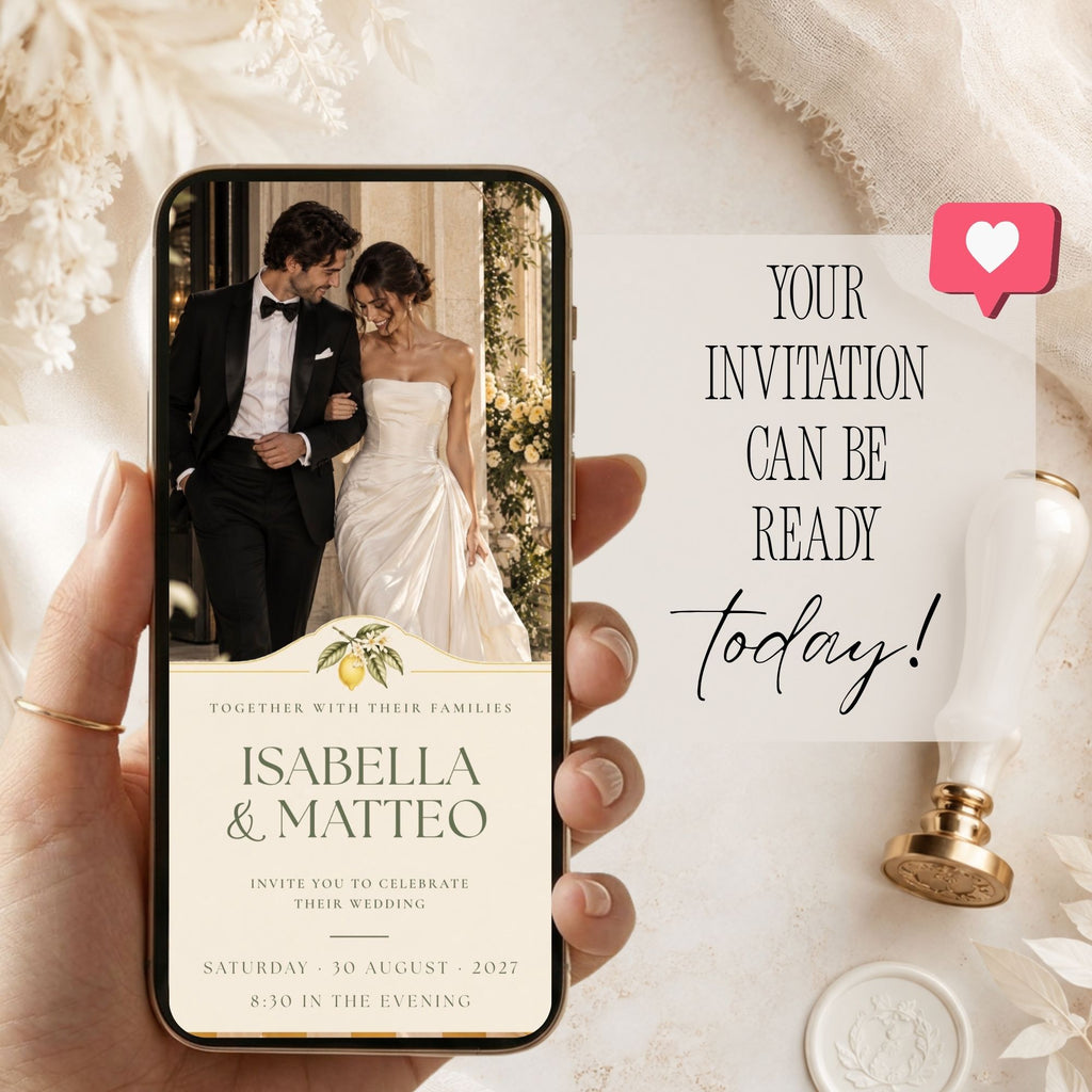 Italian wedding online invitation displayed on a mobile phone with elegant couple photography and botanical lemon details.