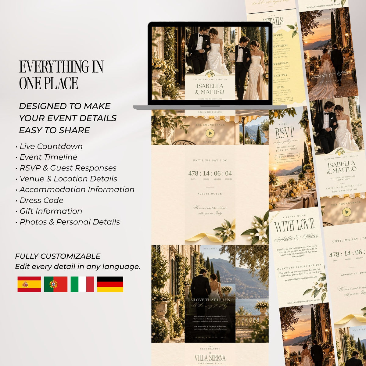 Italian wedding website showing editable invitation, venue, countdown, programme, photography and guest information sections.