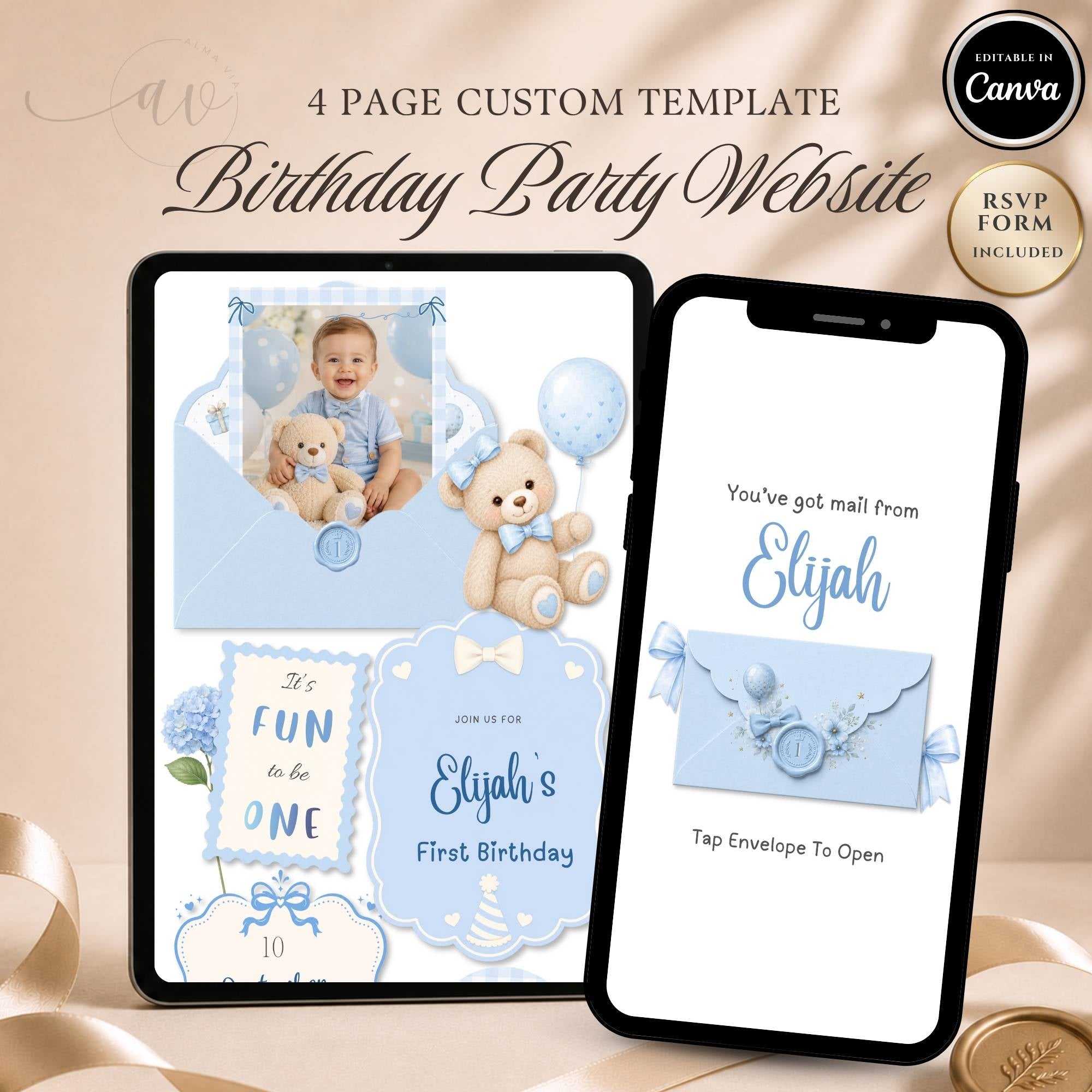It's Fun to Be One birthday boy website template displayed on phone and tablet with editable Canva design and RSVP feature.