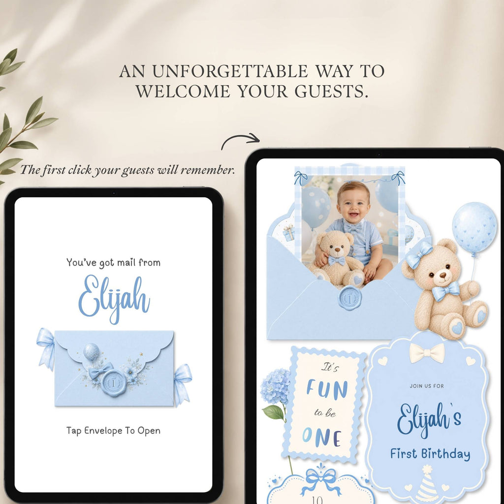 It's Fun to Be One birthday boy website template including a detailed Canva editing guide for easy customization.