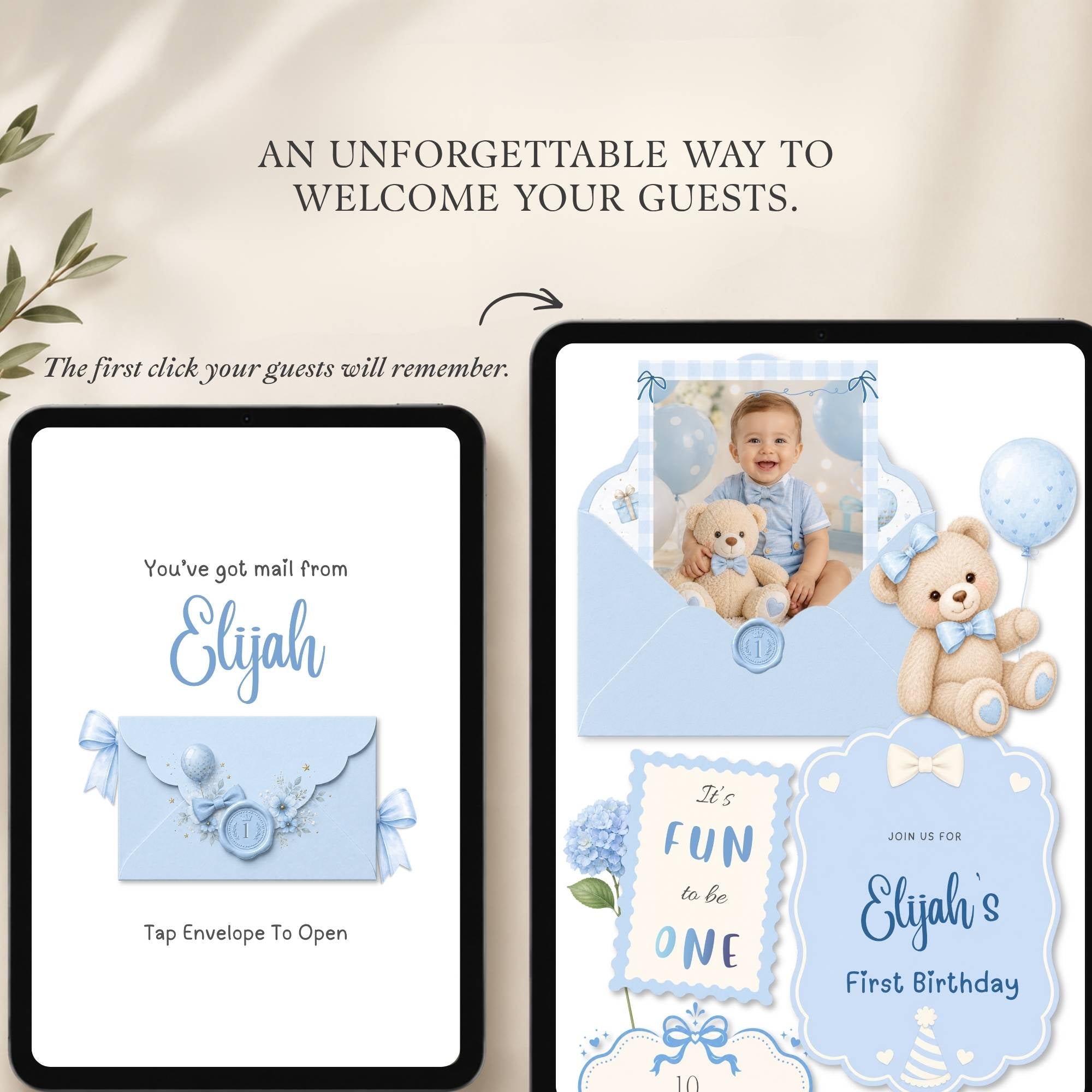 It's Fun to Be One birthday boy website template including a detailed Canva editing guide for easy customization.