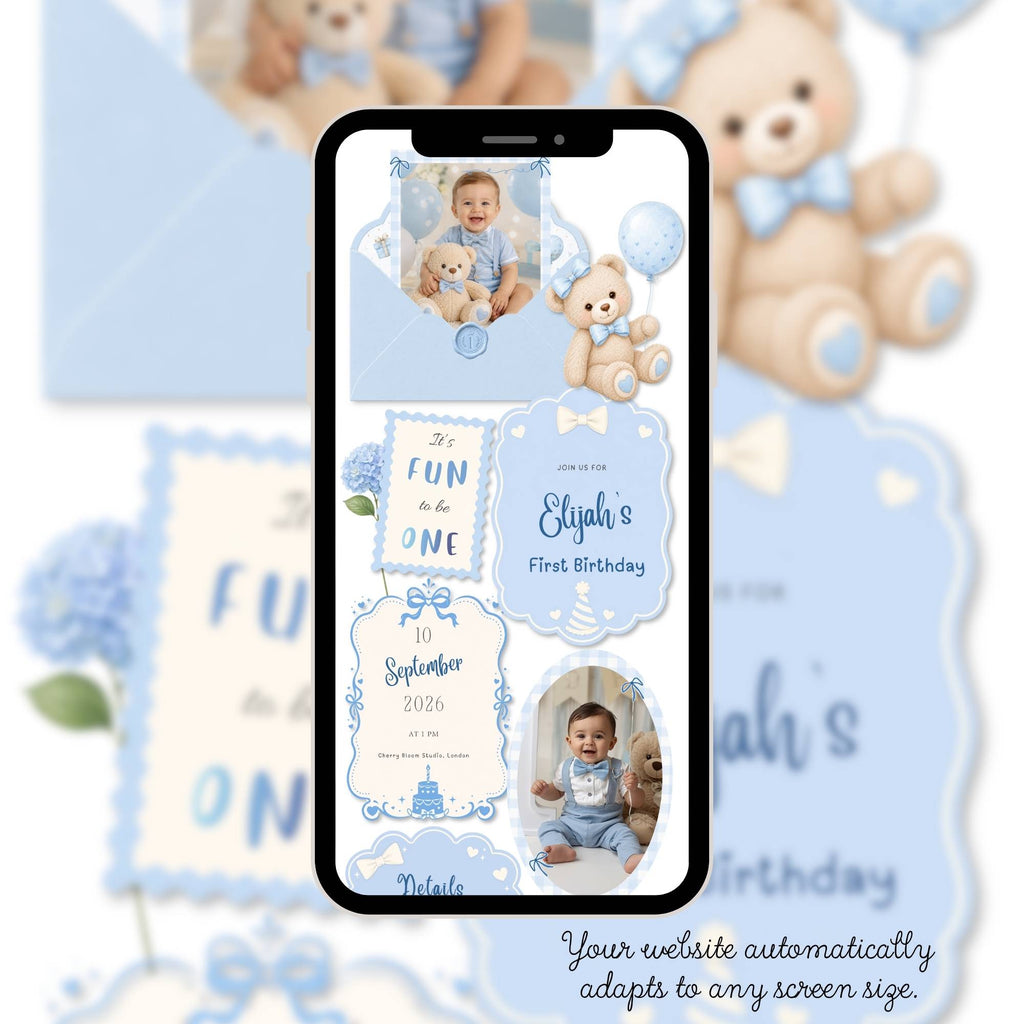 It's Fun to Be One birthday boy website showing mobile-friendly navigation and interactive website sections.