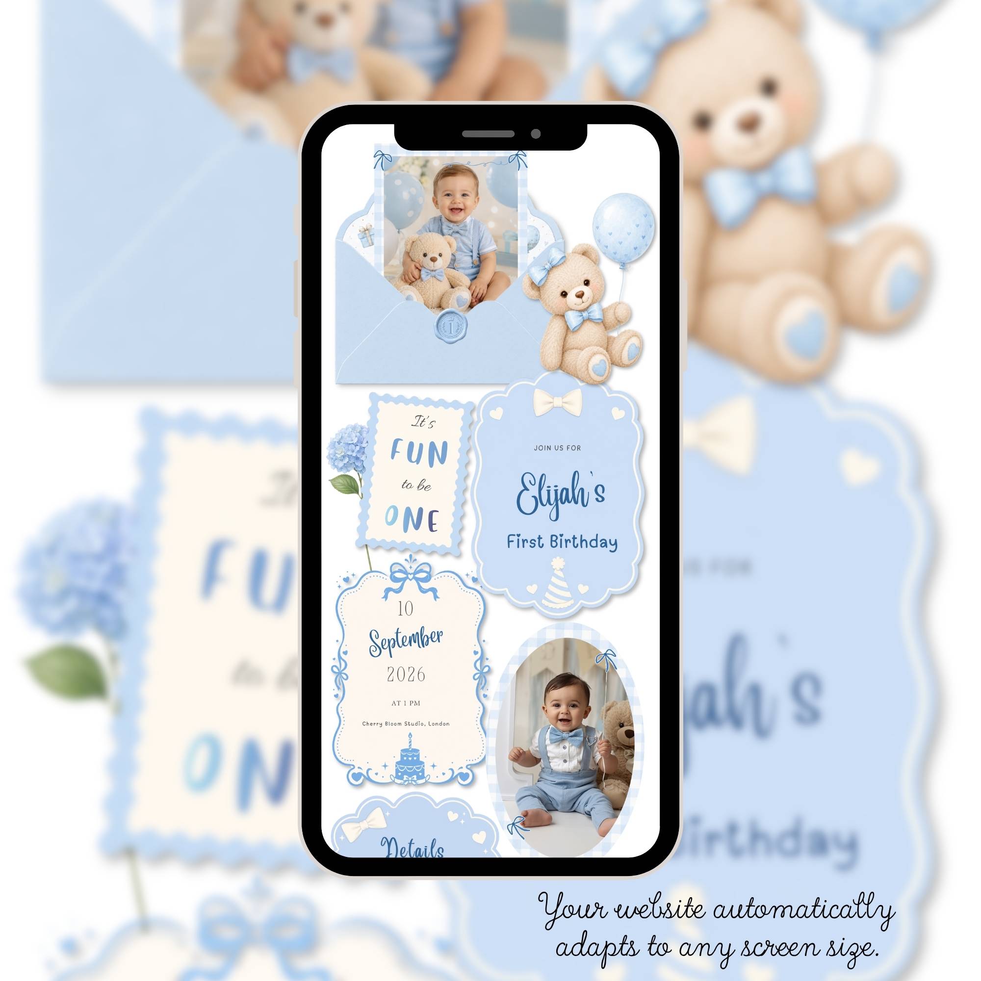 It's Fun to Be One birthday boy website showing mobile-friendly navigation and interactive website sections.
