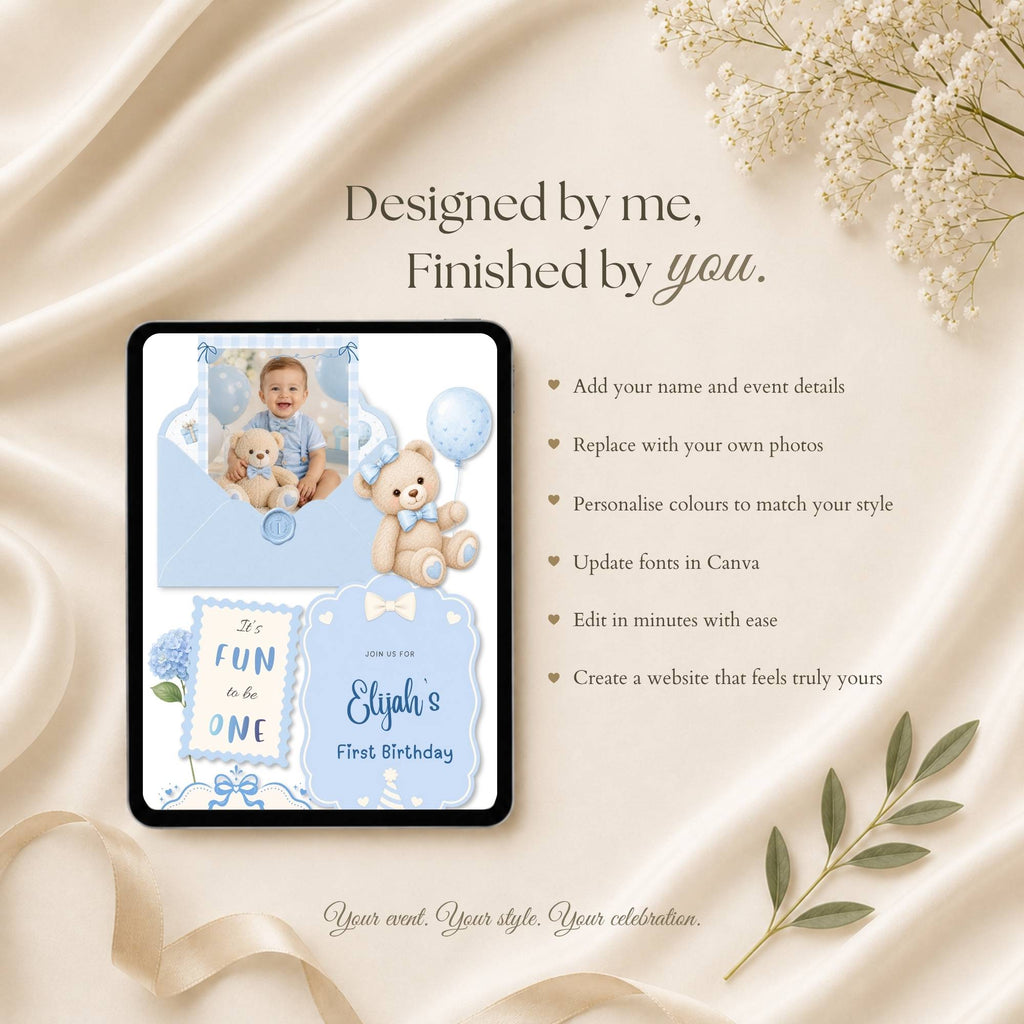 Editable It's Fun to Be One birthday boy website template with customizable photos, text, colours, and RSVP options.
