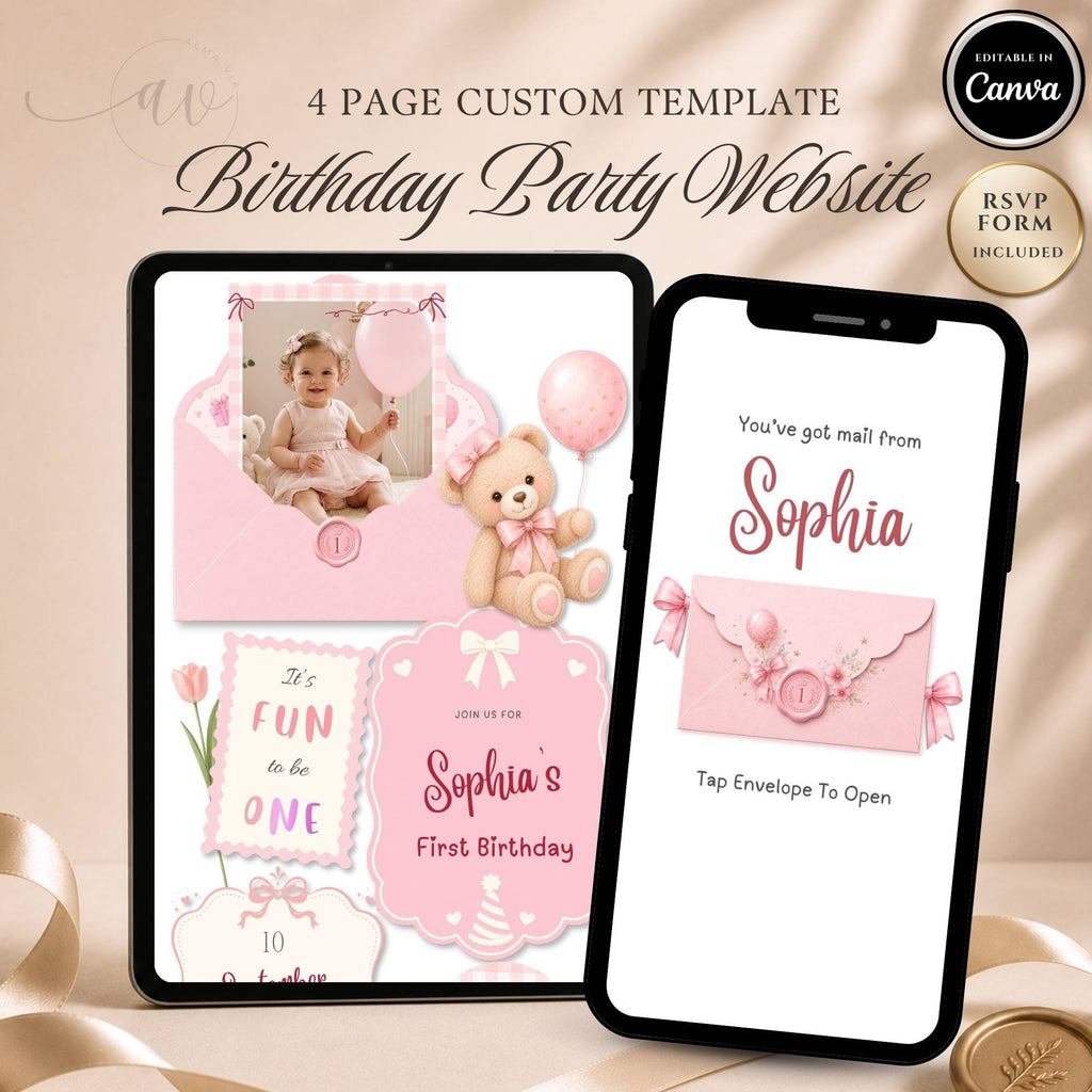 It's Fun to Be One birthday girl website template with editable Canva design and RSVP form for a first birthday celebration.