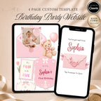 It's Fun to Be One birthday girl website template with editable Canva design and RSVP form for a first birthday celebration.
