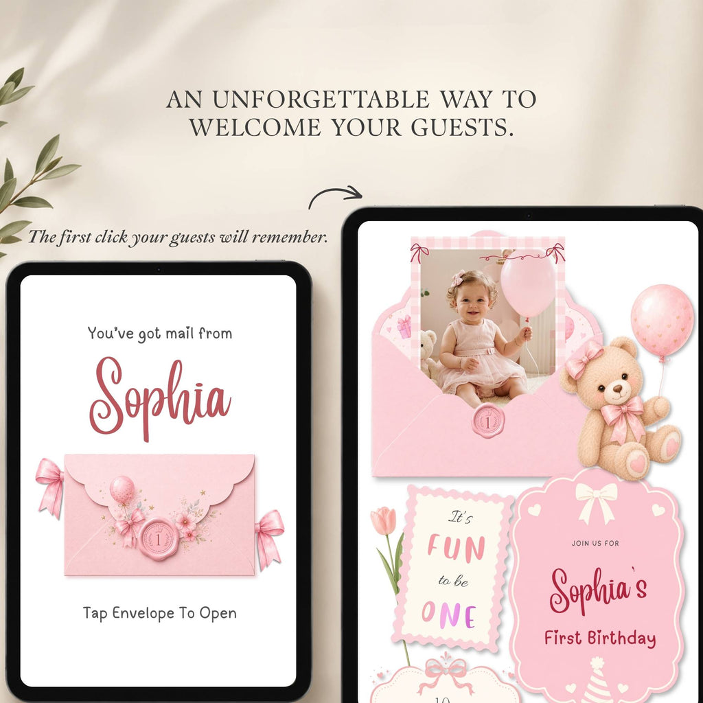 Detailed guide showing how to customize the It's Fun to Be One birthday girl website template in Canva.