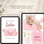 Detailed guide showing how to customize the It's Fun to Be One birthday girl website template in Canva.