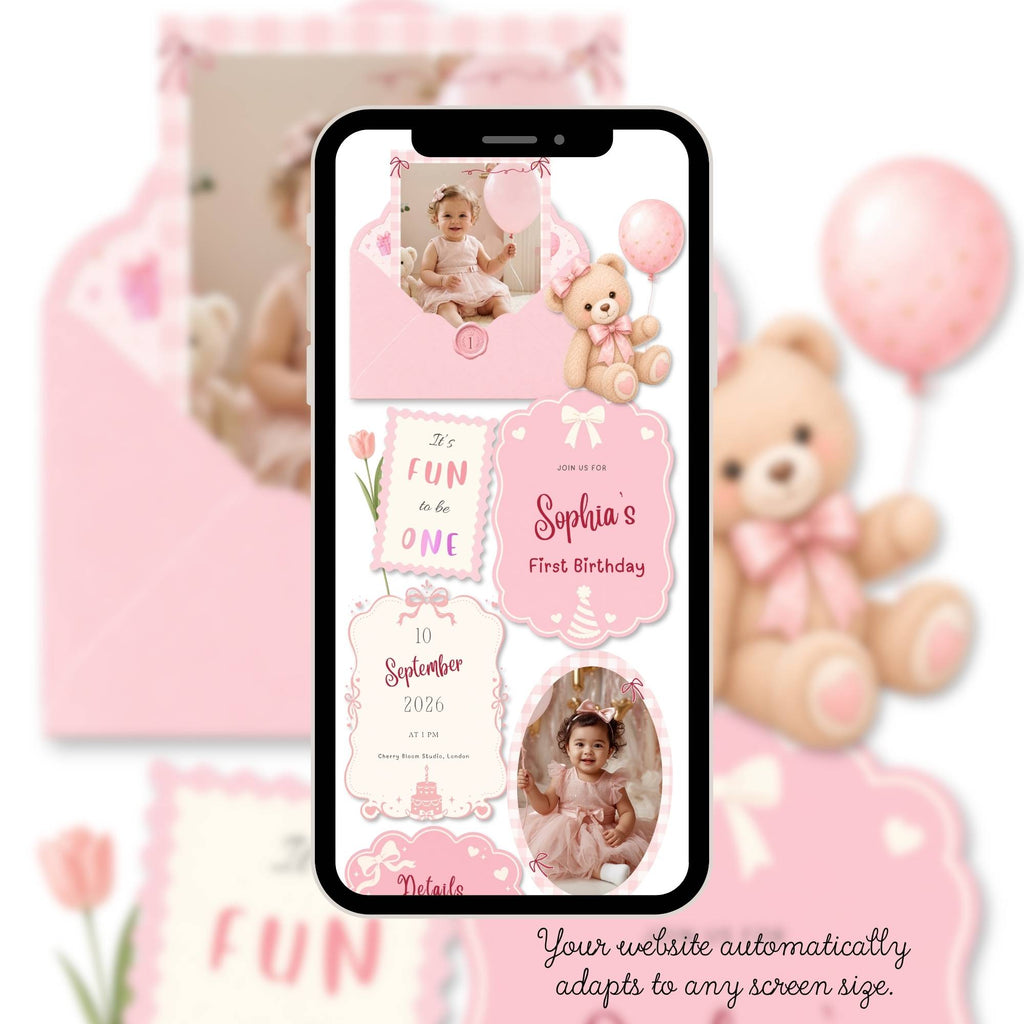 Mobile-friendly It's Fun to Be One birthday girl website with simple navigation for guests.