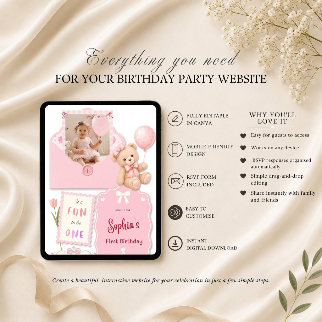 Features included in the It's Fun to Be One birthday girl website template with RSVP and editable pages.