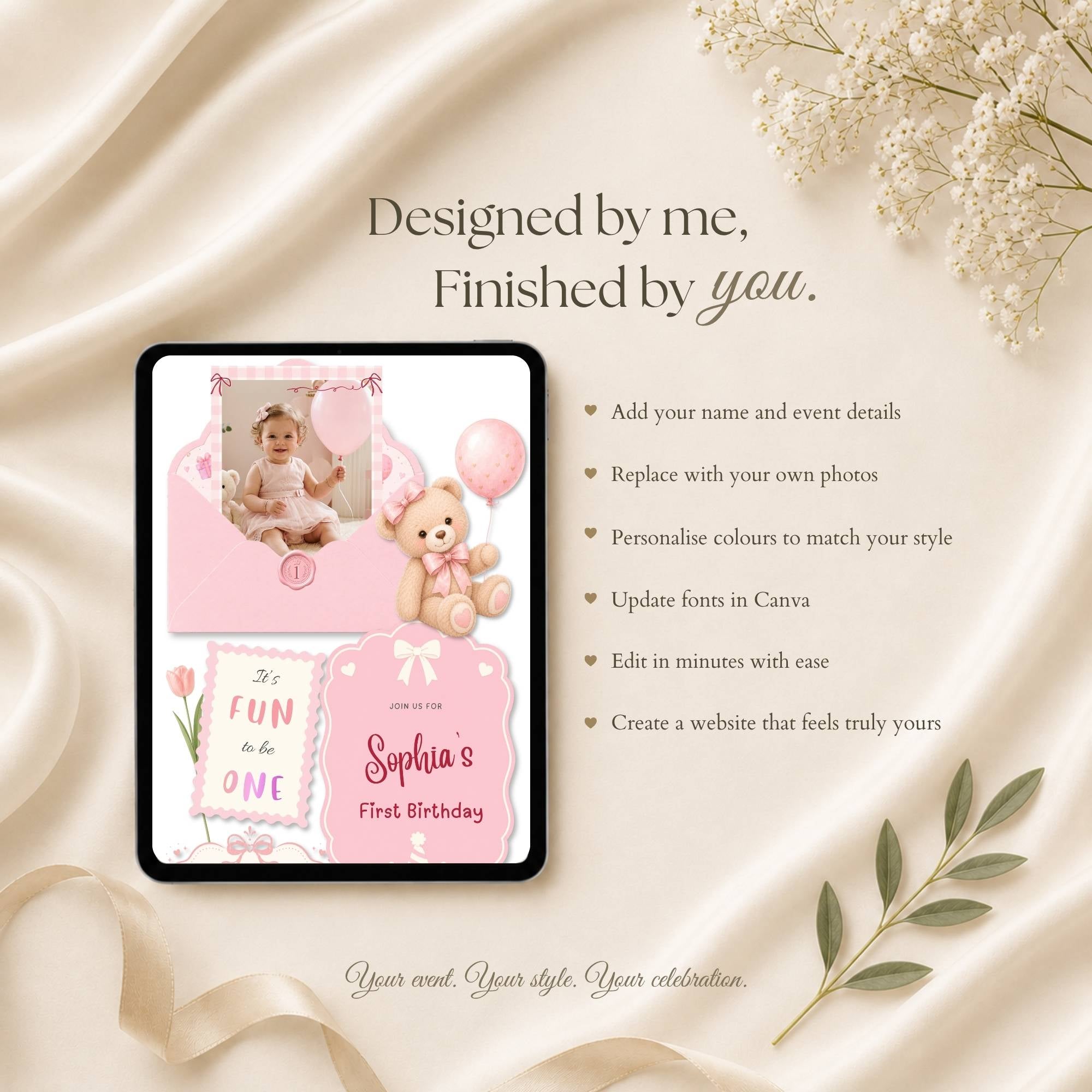 Fully customizable birthday girl website template with editable photos, colors, fonts, and party details.