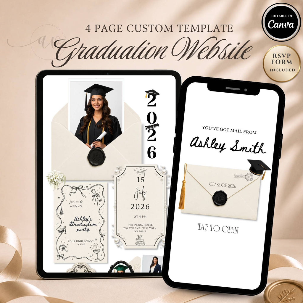 Ivory and black graduation website template featuring an elegant graduation party website with RSVP.