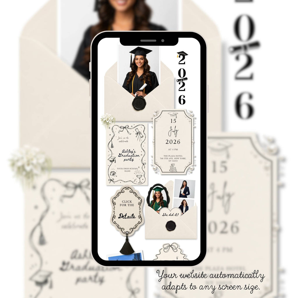 Mobile-friendly ivory and black graduation website with simple navigation and RSVP access.