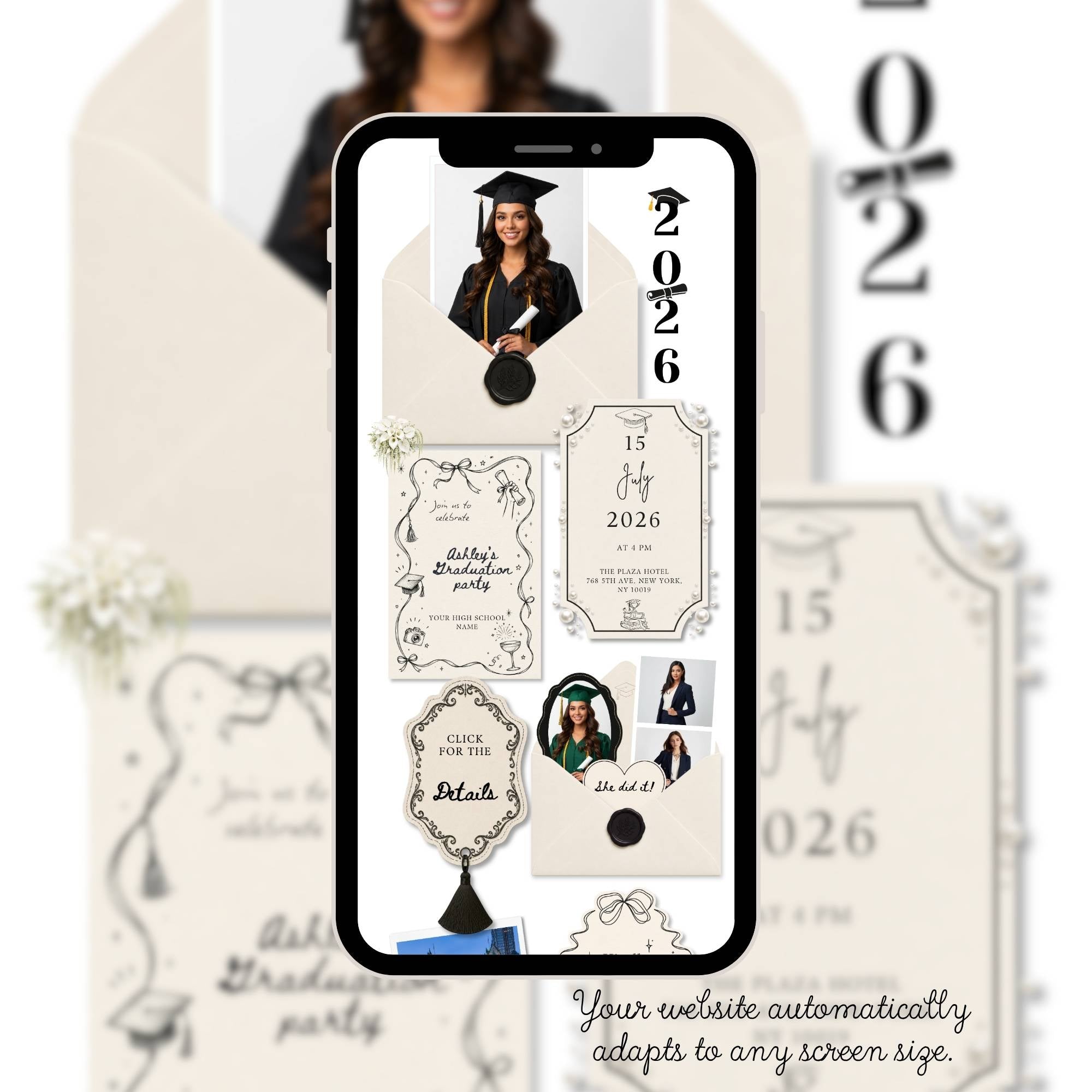 Mobile-friendly ivory and black graduation website with simple navigation and RSVP access.