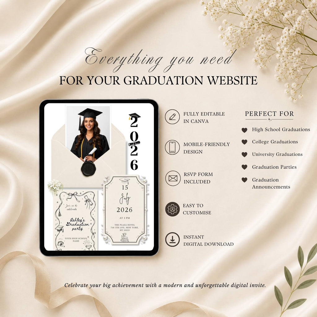 Graduation website template featuring event details, graduate spotlight, RSVP form, and photo gallery.