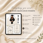 Graduation website template featuring event details, graduate spotlight, RSVP form, and photo gallery.