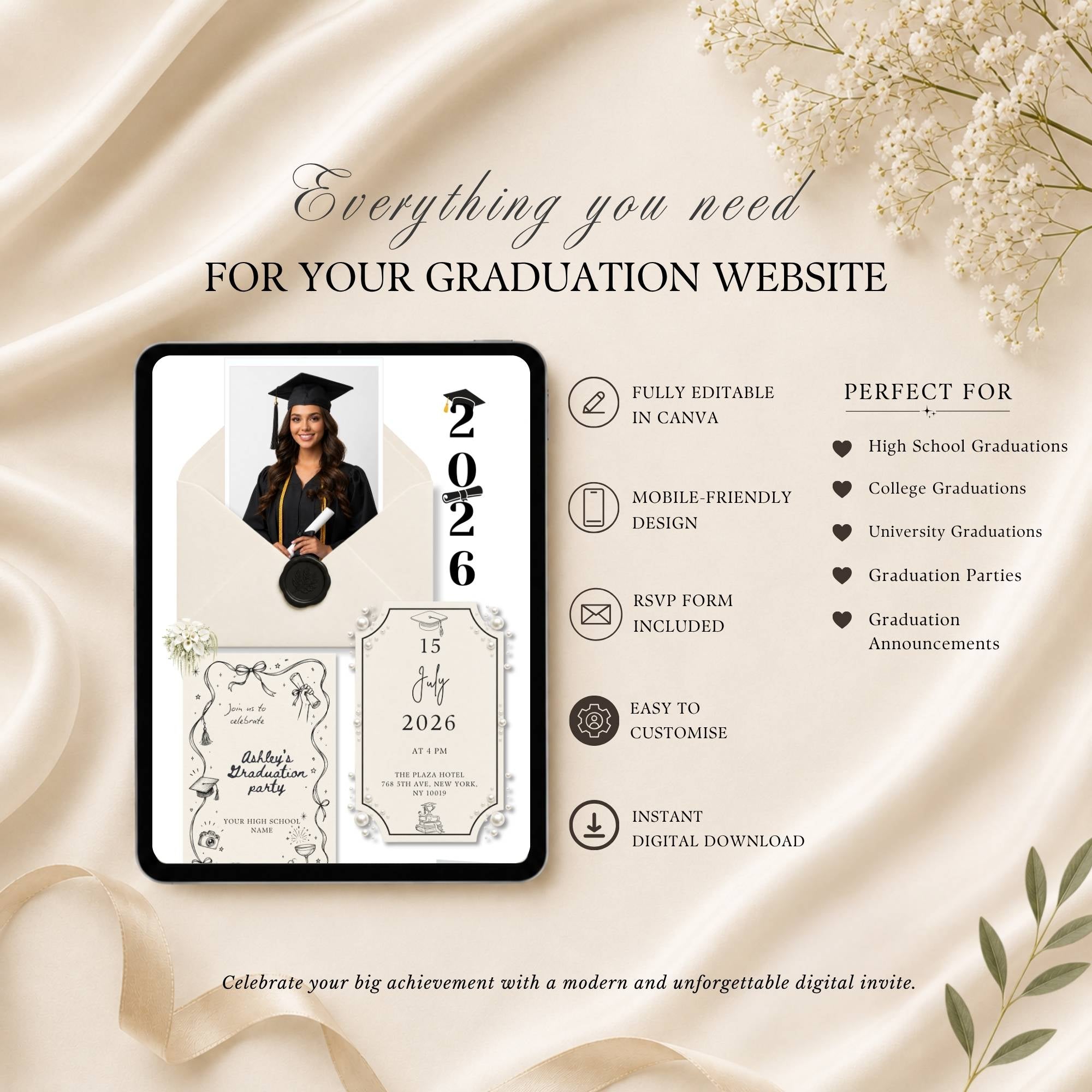 Graduation website template featuring event details, graduate spotlight, RSVP form, and photo gallery.