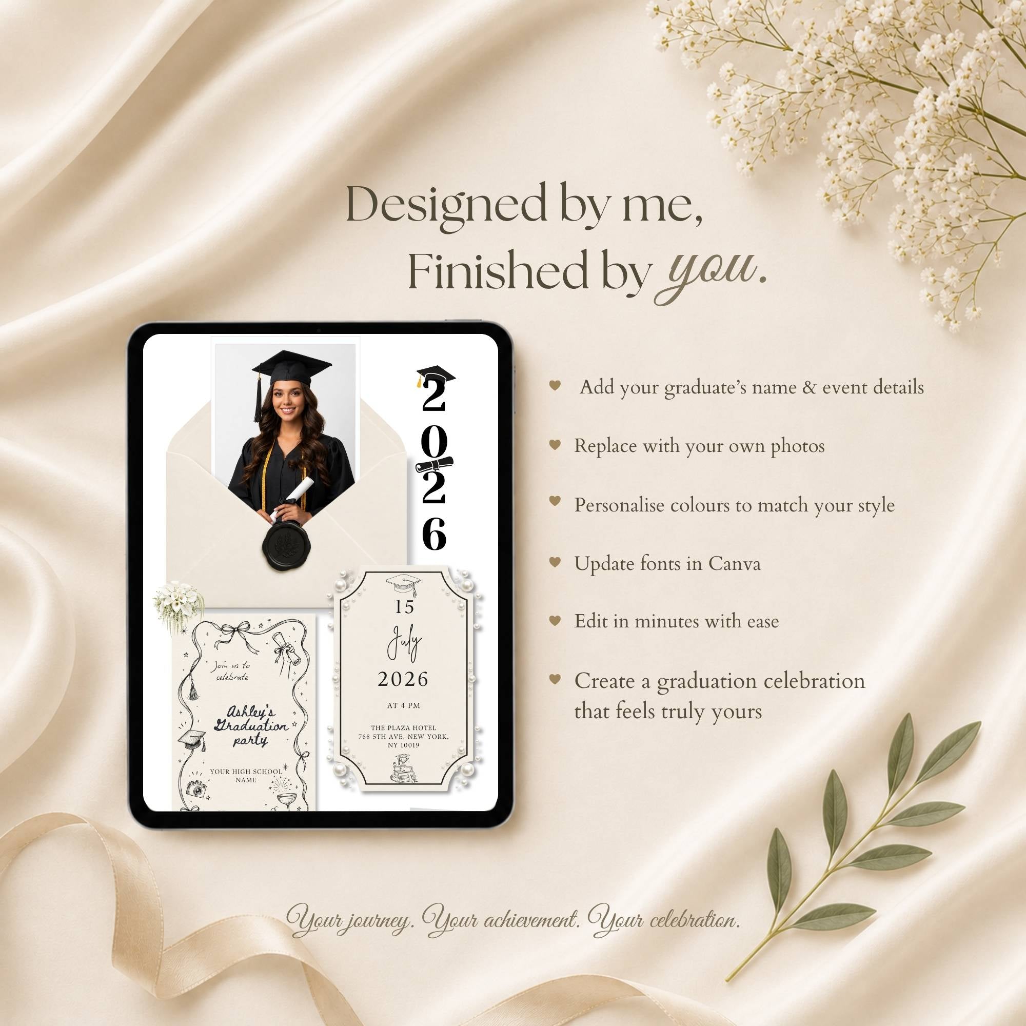 Editable Canva graduation website template with customizable colors, fonts, text, and photos.