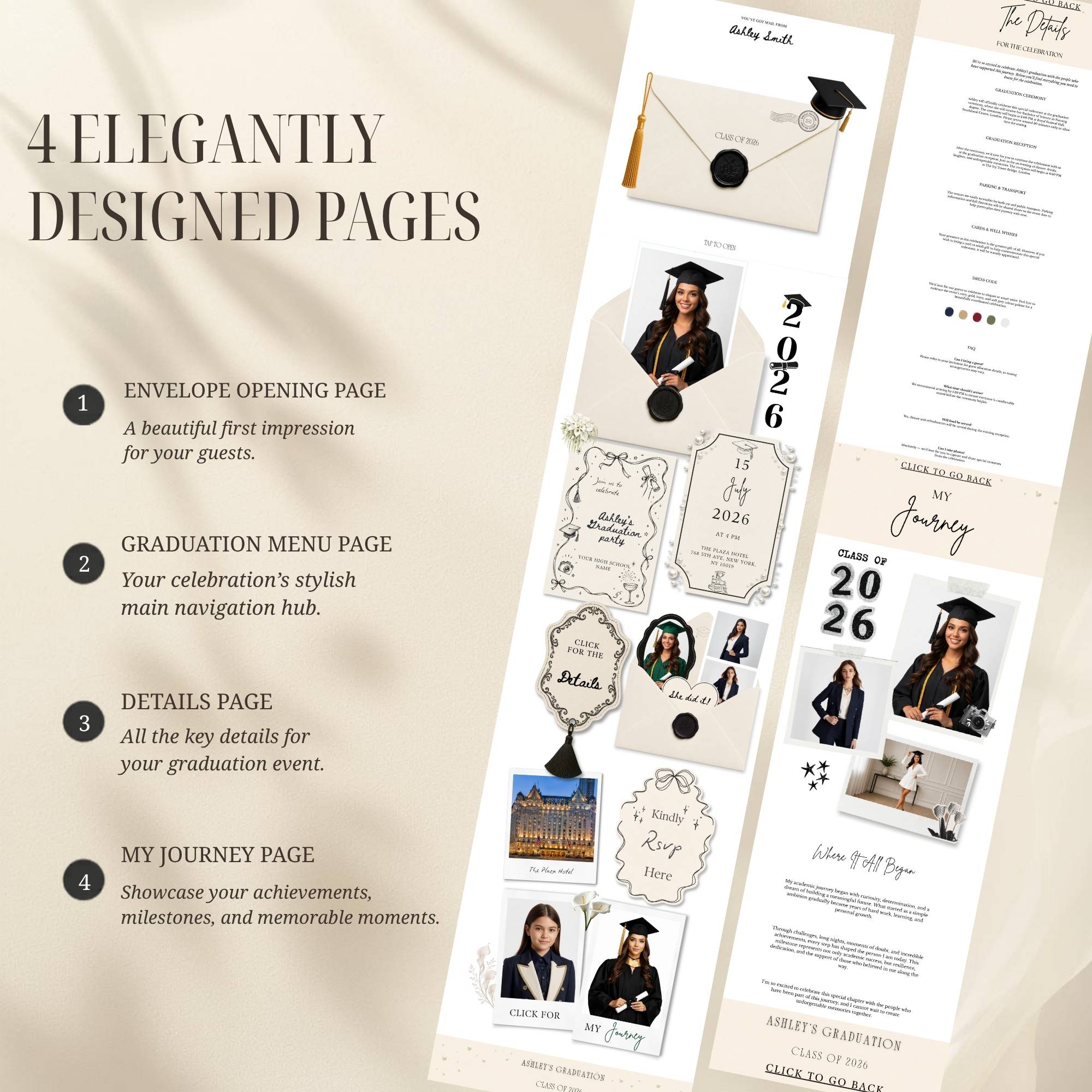 Graduation website template including homepage, RSVP page, event details, and graduate profile sections.