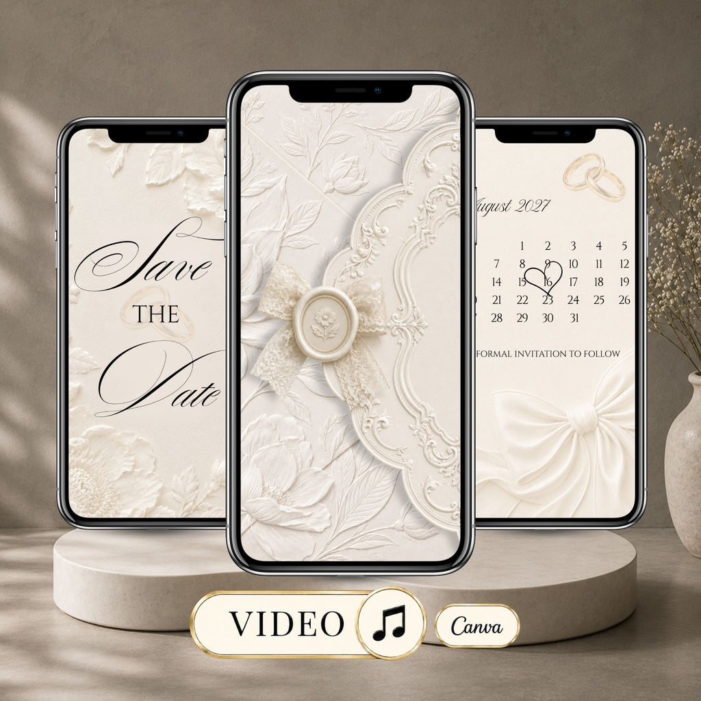 Ivory embossed save the date video invitation with floral envelope, wax seal and elegant wedding calendar design.