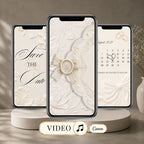 Ivory embossed save the date video invitation with floral envelope, wax seal and elegant wedding calendar design.