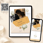 Ivory envelope save the date wedding website template with champagne gold ticket design