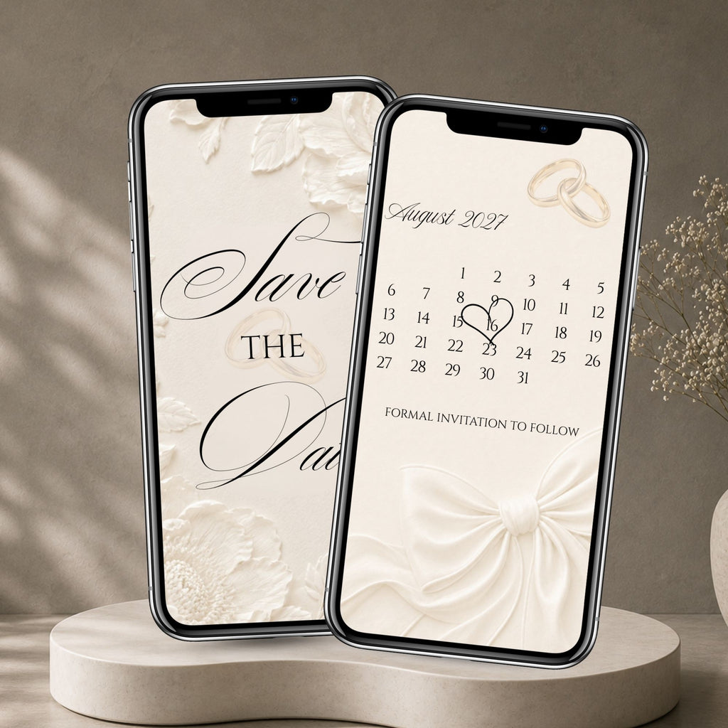 Ivory floral save the date invitation displayed on phones with embossed envelope design, wax seal and wedding date calendar.