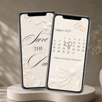 Ivory floral save the date invitation displayed on phones with embossed envelope design, wax seal and wedding date calendar.