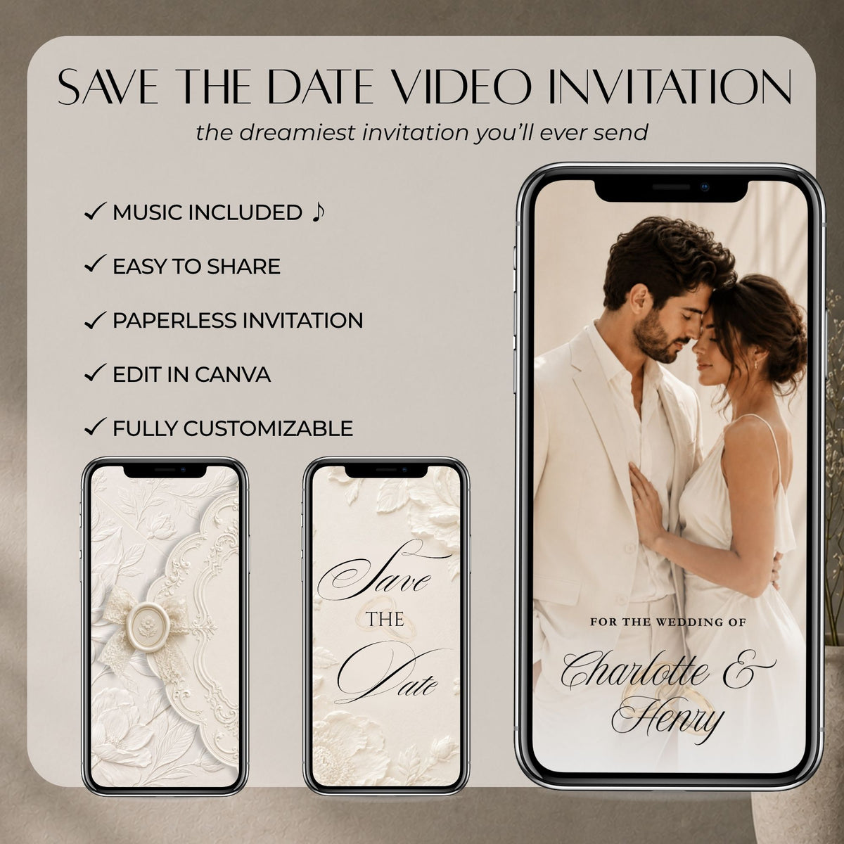 Elegant ivory save the date video Canva template with embossed floral details, couple photo, music and editable wedding information.