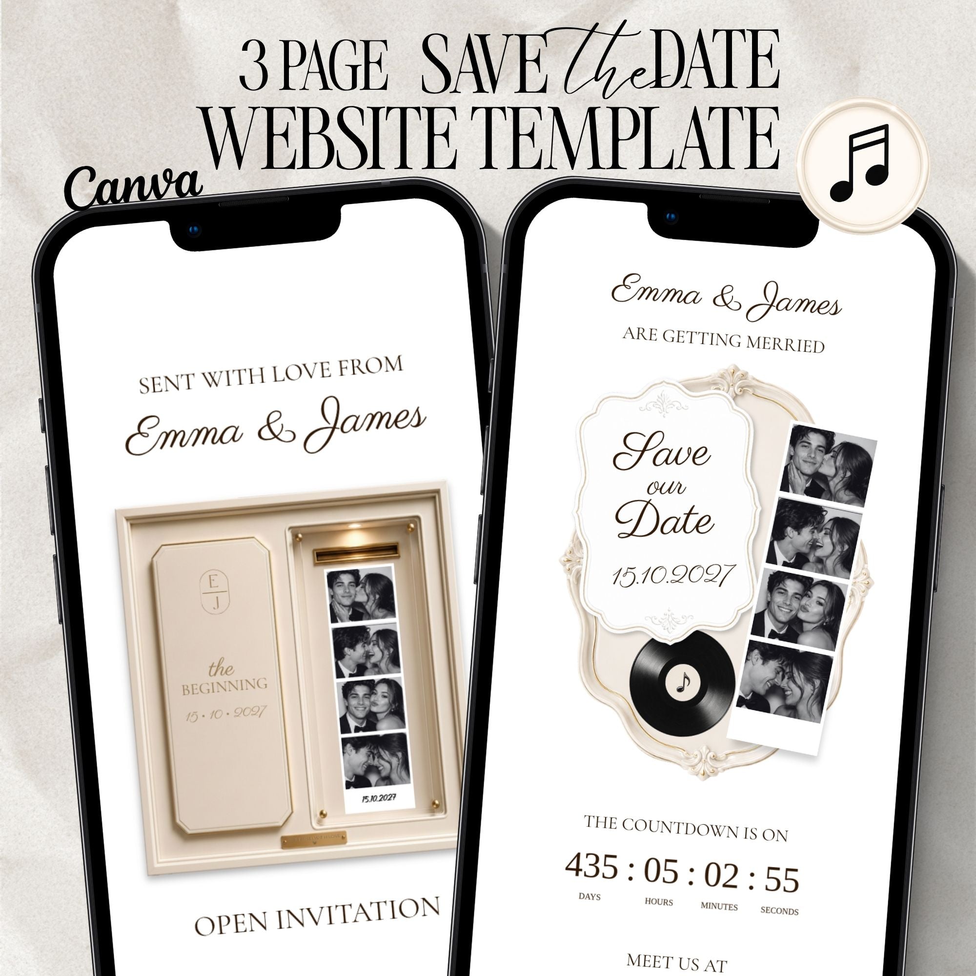 Ivory photo booth save the date website template featuring an elegant interactive wedding announcement.