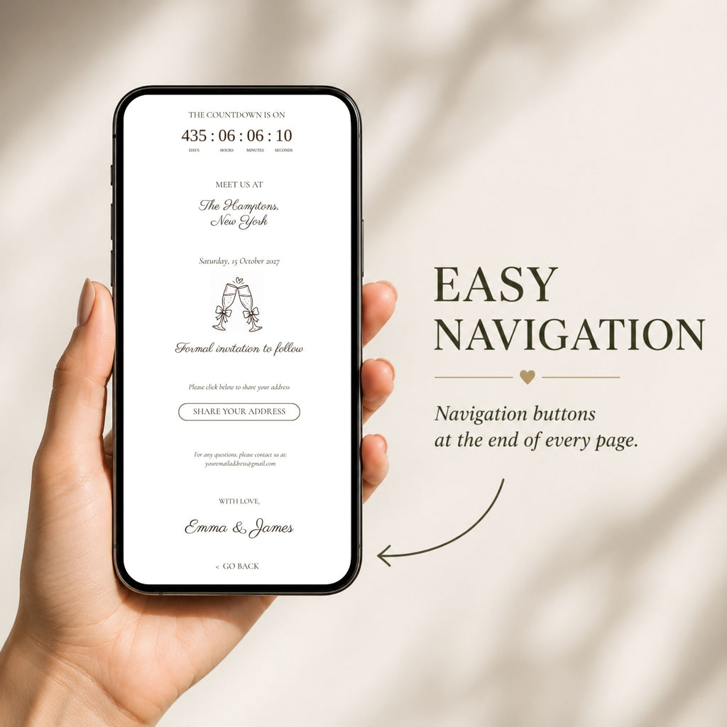 Mobile-friendly ivory wedding save the date website with smooth navigation across every section.