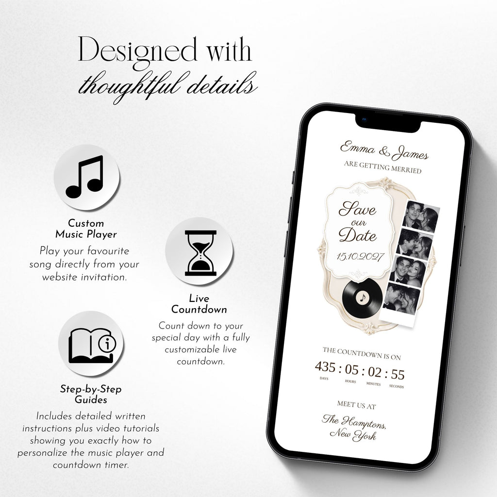 Ivory save the date website featuring photo booth gallery, countdown timer, music, and interactive wedding announcement.