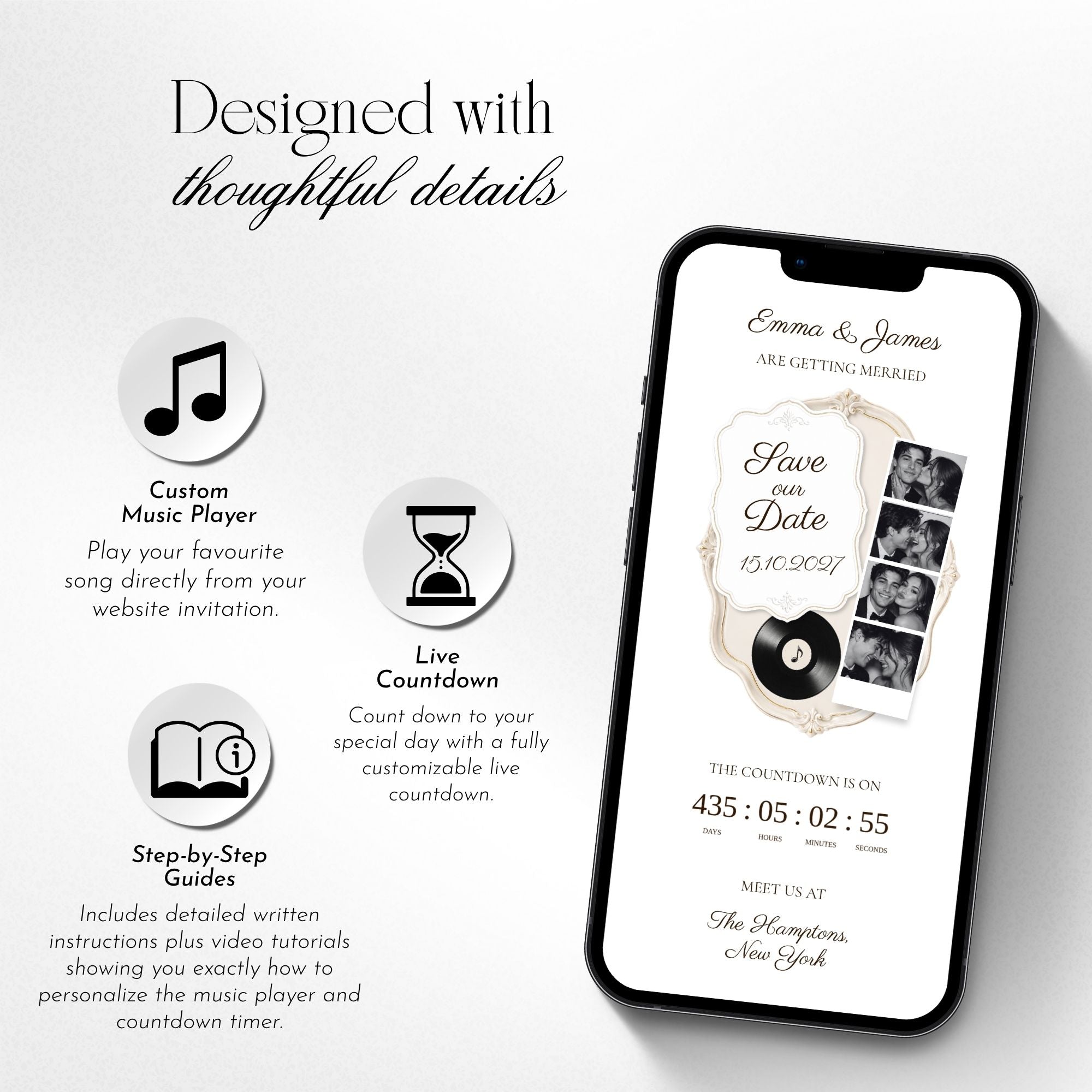 Ivory save the date website featuring photo booth gallery, countdown timer, music, and interactive wedding announcement.