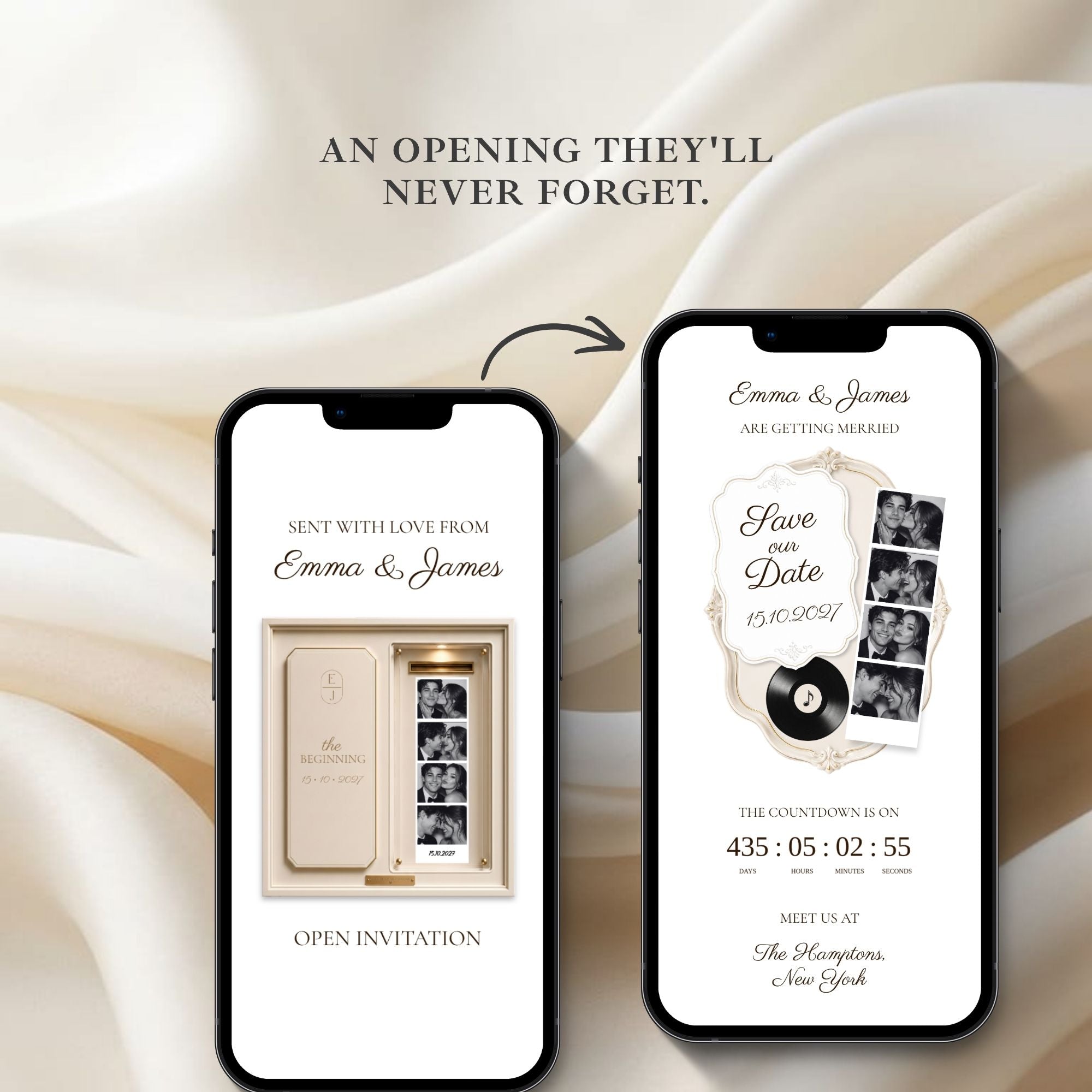 Fully editable ivory photo booth wedding save the date website designed in Canva.