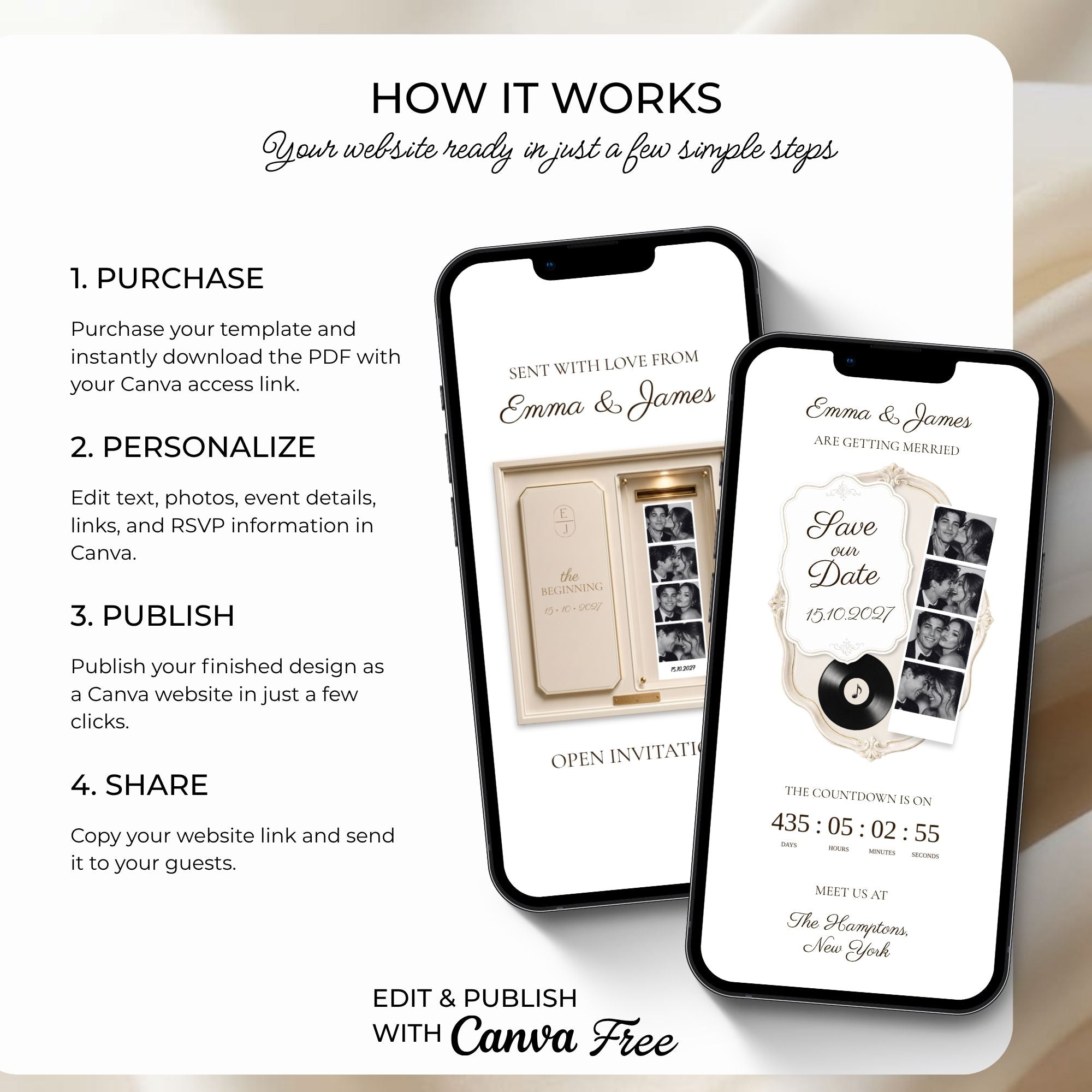 Step-by-step guide showing how to customize, publish, and share your ivory save the date website.