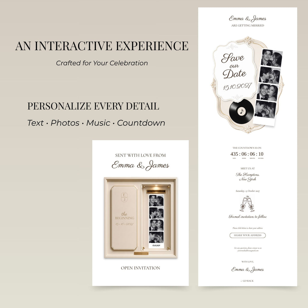 Ivory wedding save the date website including interactive invitation, countdown, music, and photo booth pages.