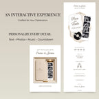 Ivory wedding save the date website including interactive invitation, countdown, music, and photo booth pages.