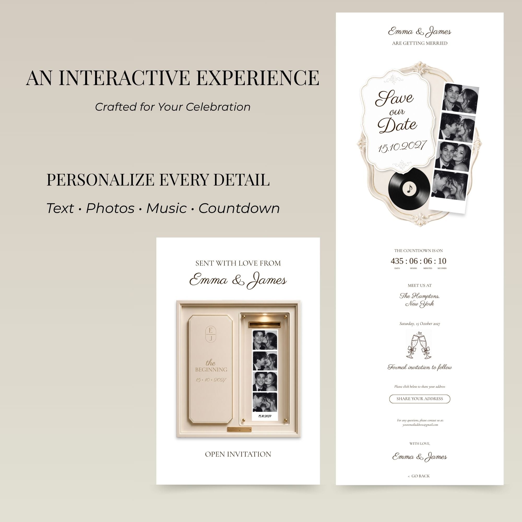 Ivory wedding save the date website including interactive invitation, countdown, music, and photo booth pages.