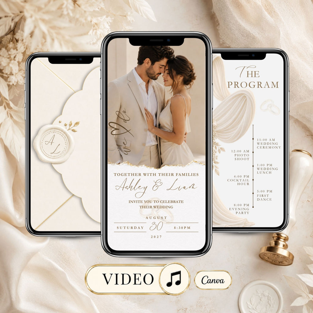 Ivory wedding video invitation with elegant gold botanical details, animated wedding scenes and romantic couple photography.