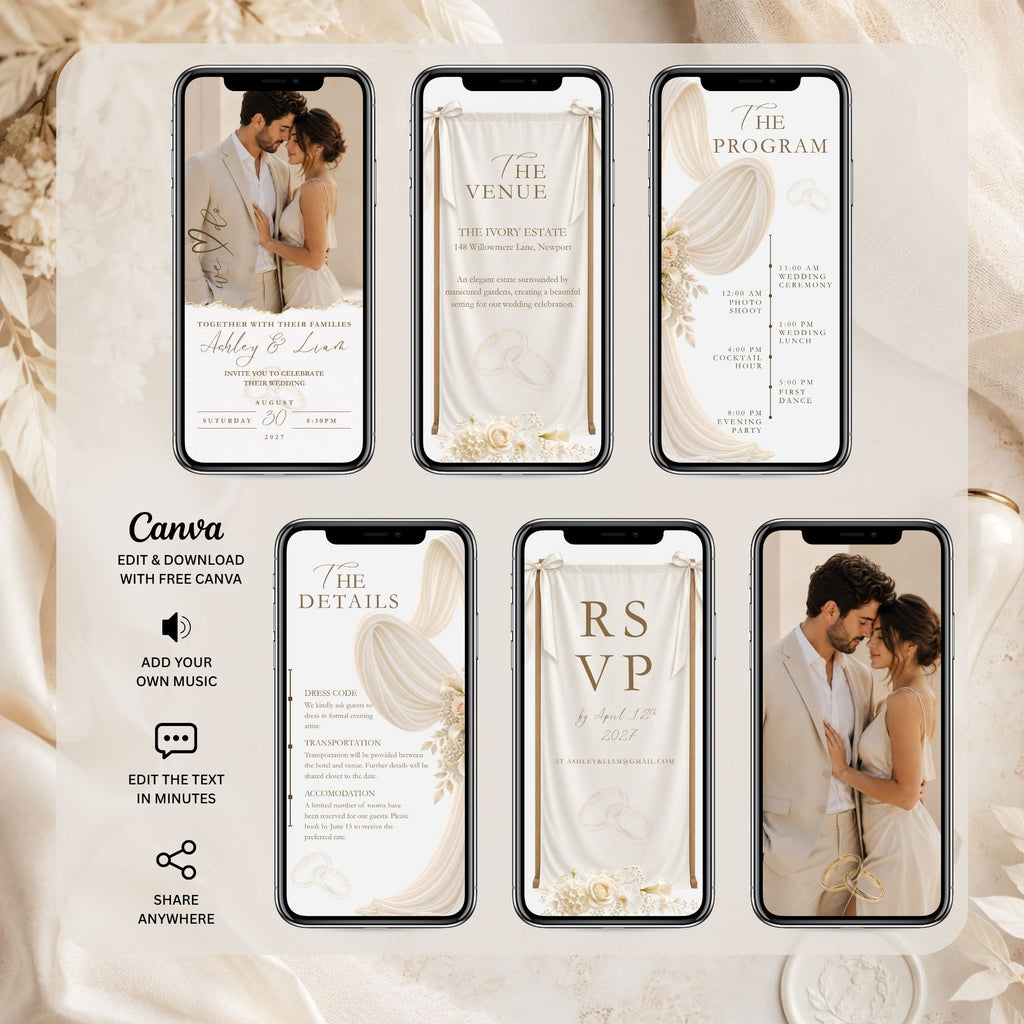 Ivory wedding video template showing invitation, venue, programme, wedding details, RSVP and romantic closing scenes.