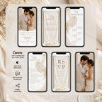 Ivory wedding video template showing invitation, venue, programme, wedding details, RSVP and romantic closing scenes.