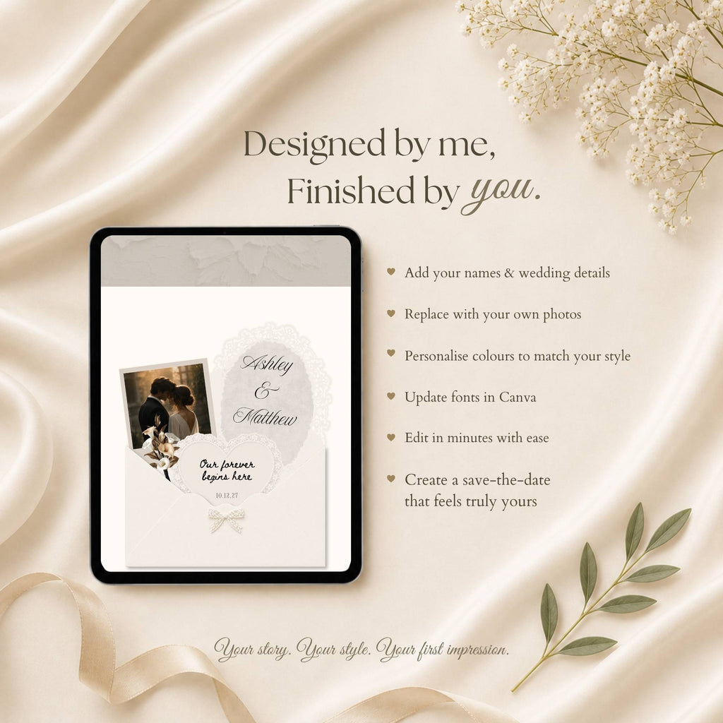 Interactive envelope opening lace wedding website shown on tablet and mobile devices.