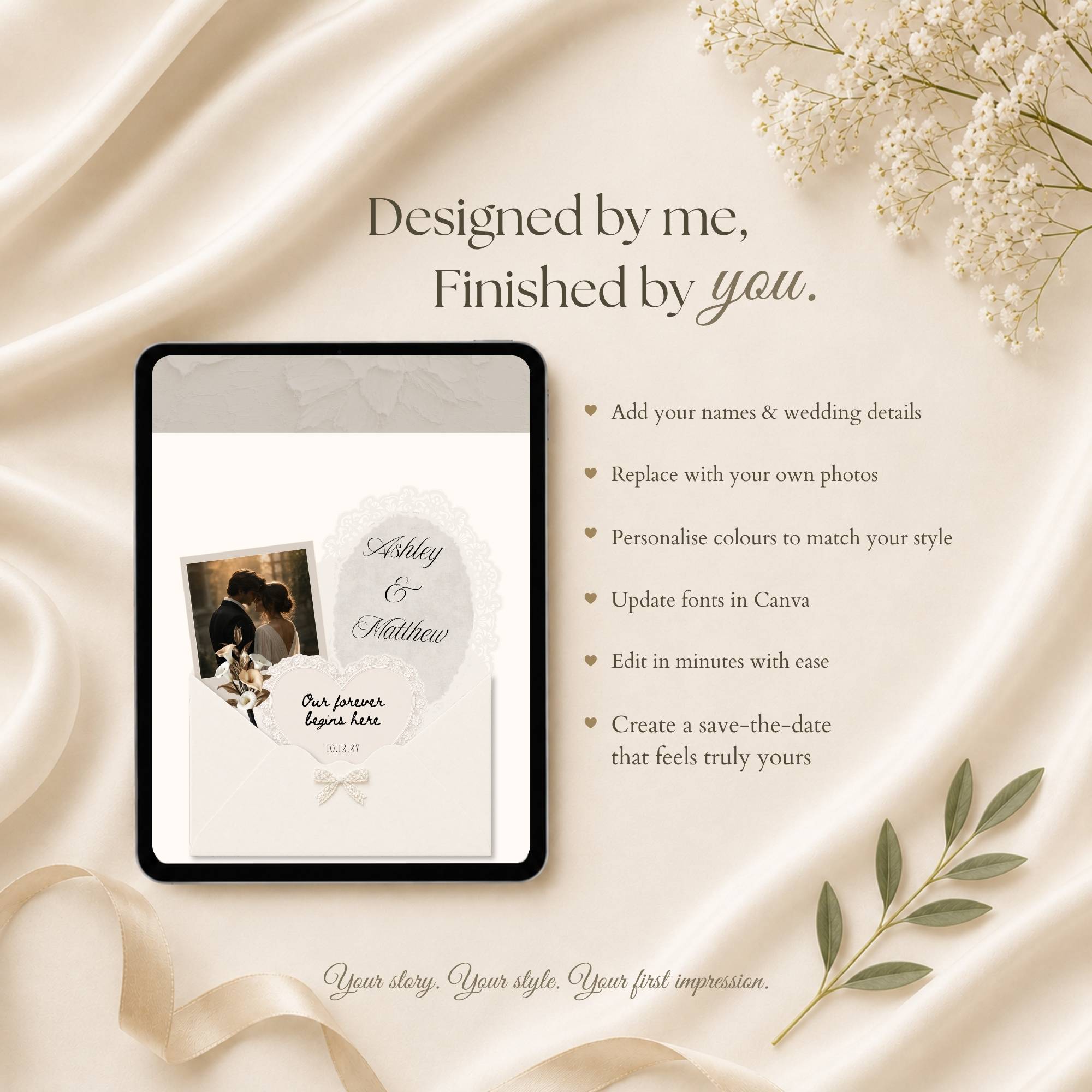 Interactive envelope opening lace wedding website shown on tablet and mobile devices.