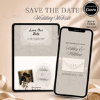 Lace save the date wedding website displayed on tablet and mobile phone with elegant ivory envelope opening design.
