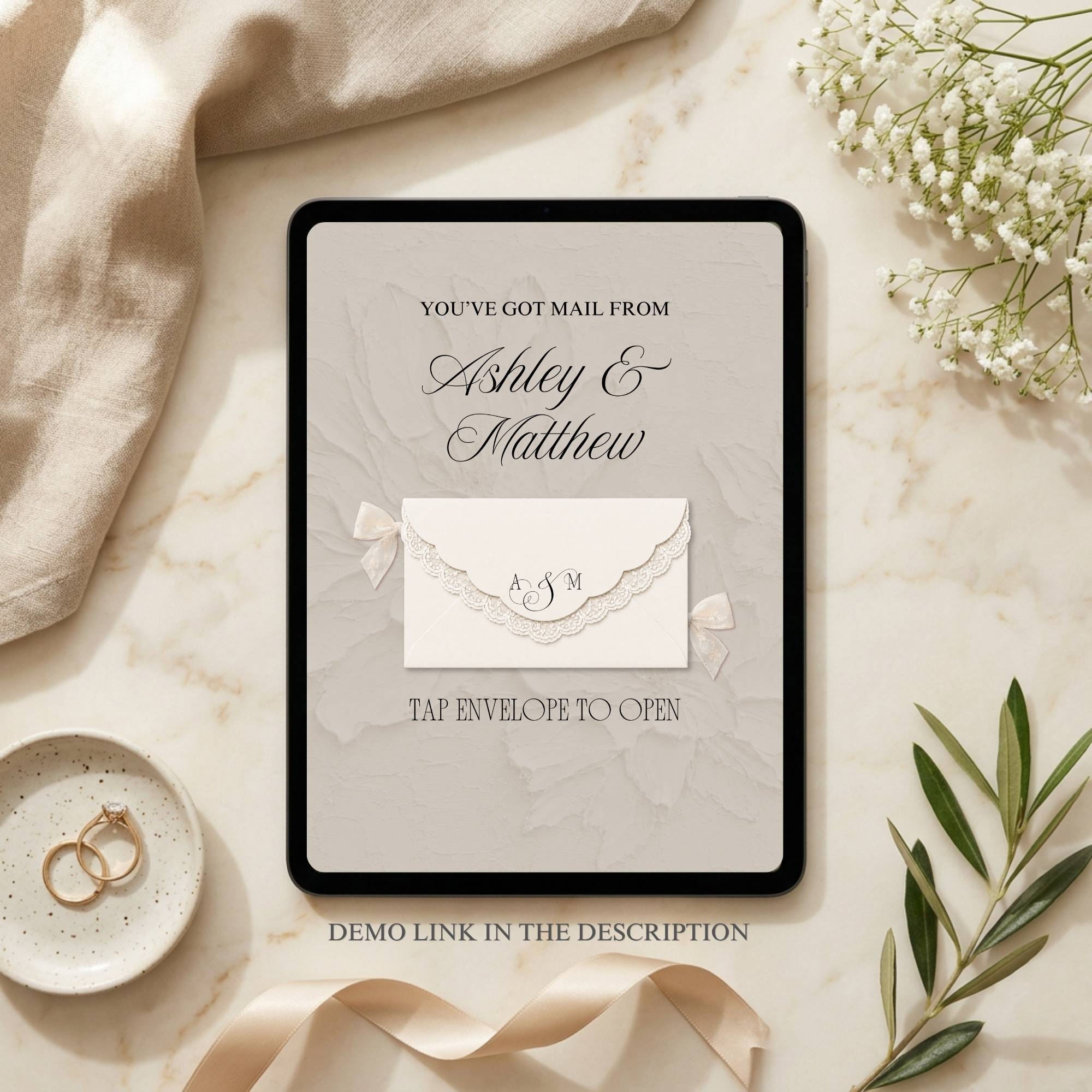 Ivory lace wedding website demo preview featuring the interactive envelope opening screen.