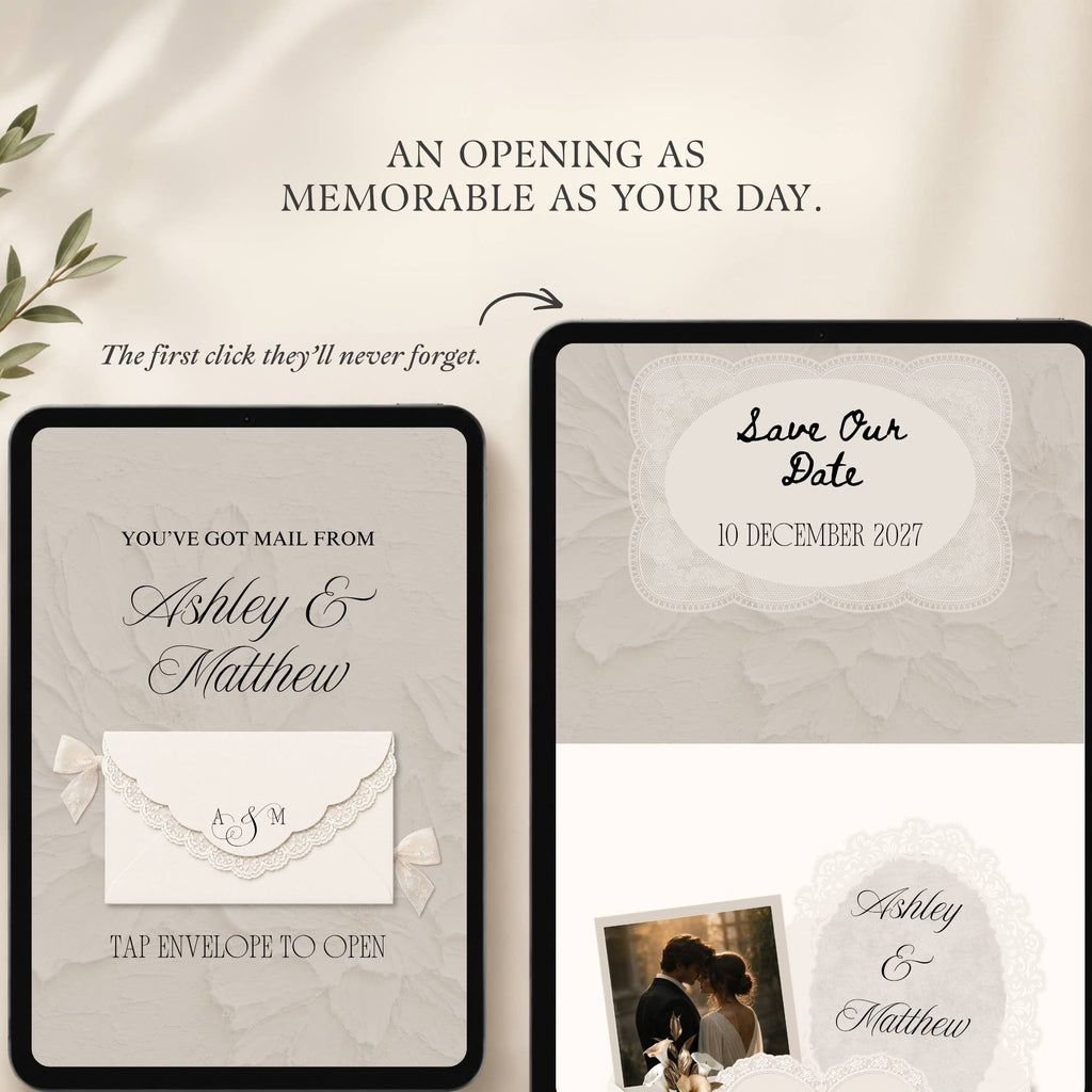Mobile-responsive lace save the date wedding website displayed across multiple screen sizes.