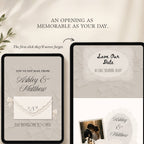 Mobile-responsive lace save the date wedding website displayed across multiple screen sizes.