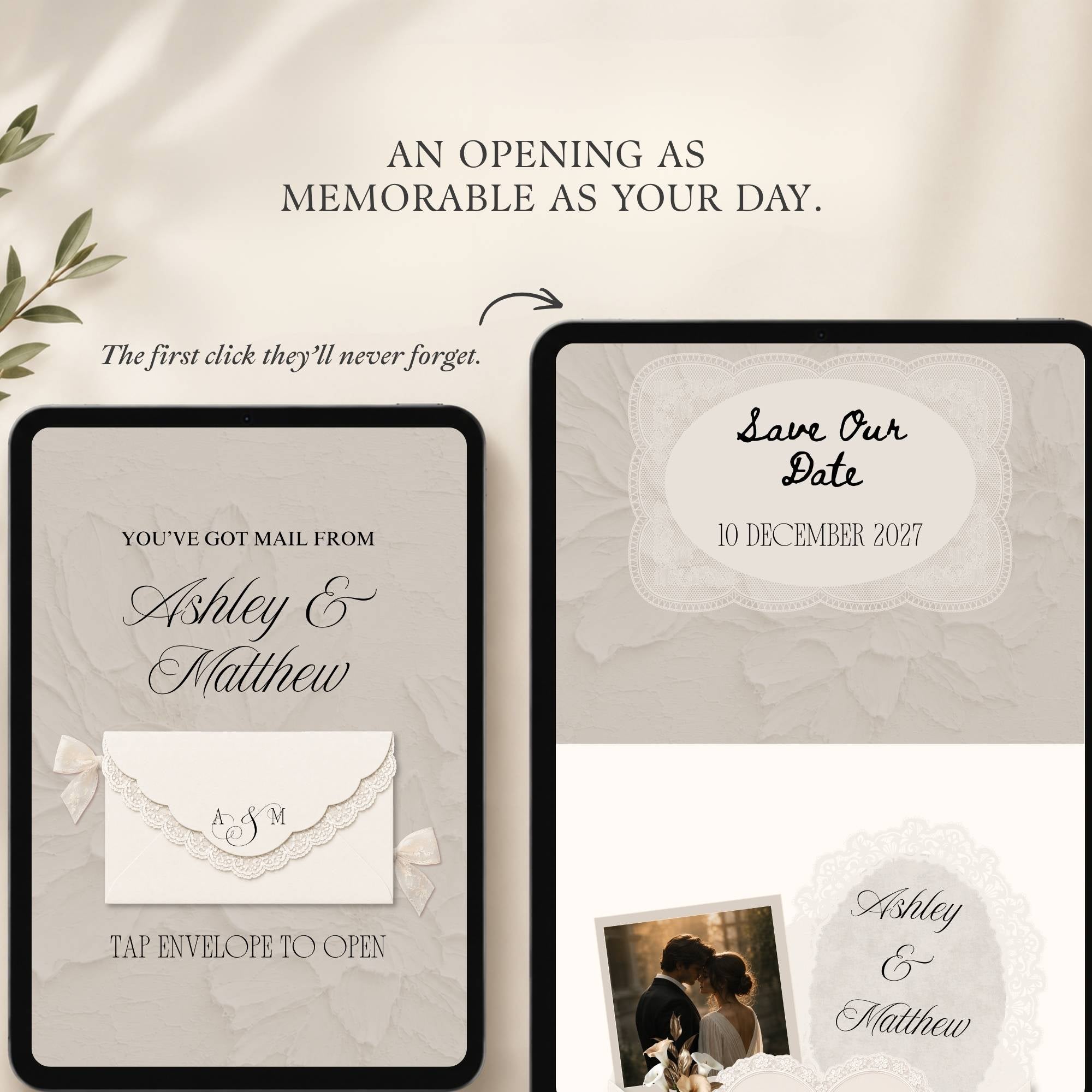 Mobile-responsive lace save the date wedding website displayed across multiple screen sizes.