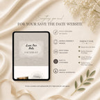 Lace wedding website template highlighting editable Canva features, RSVP form, and mobile-friendly design.