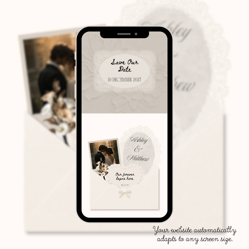 Fully editable Canva lace save the date wedding website customized with names, photos, and wedding details.